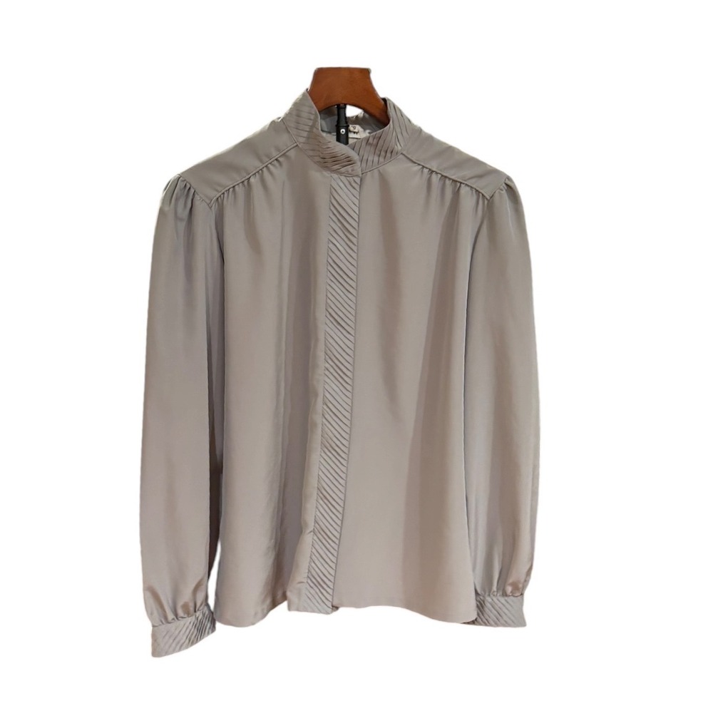 Vtg 80s Pleated High Neck Satin Blouse Taupe Grey Long Sleeve Button Front Top
